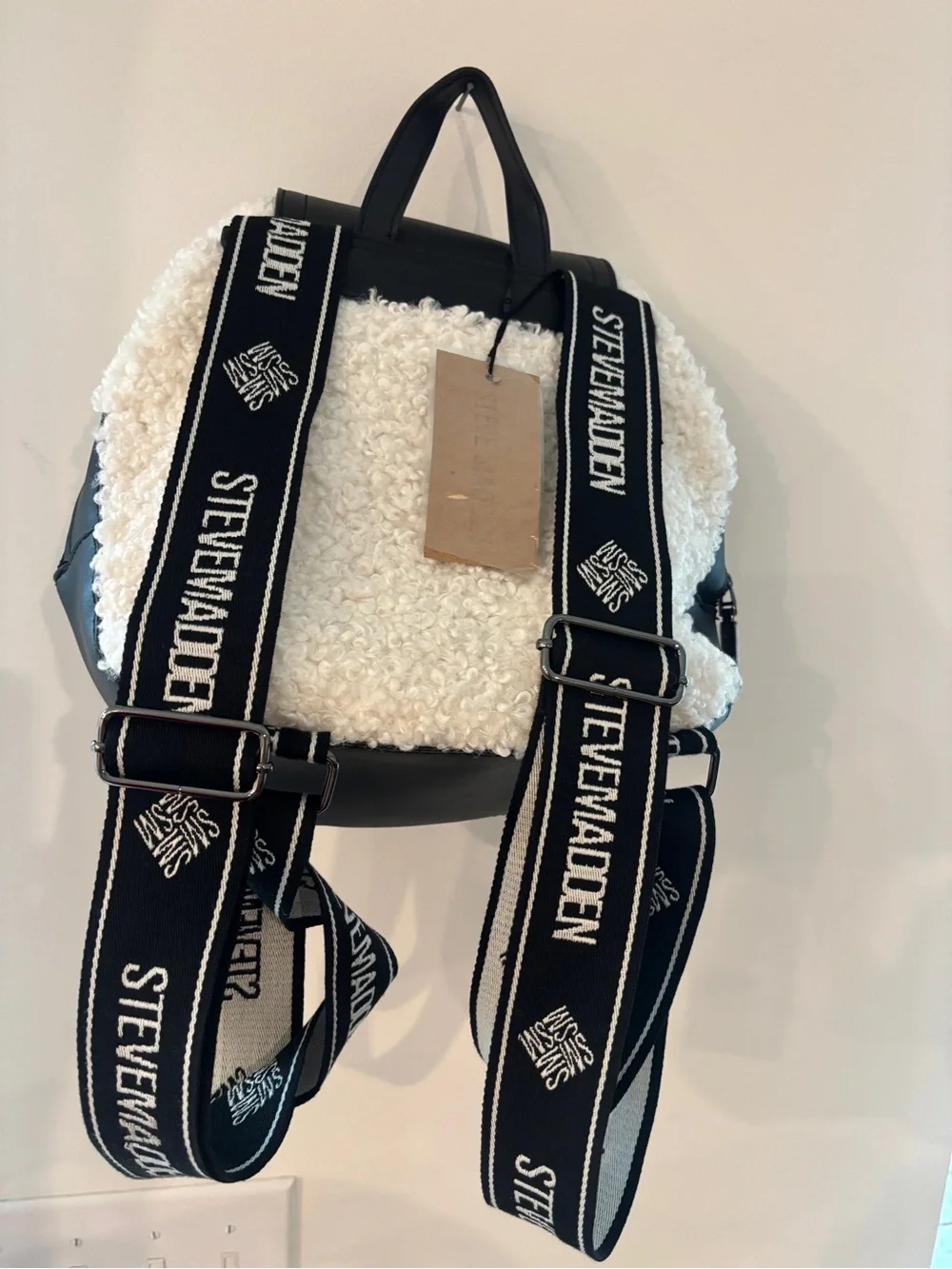 NWT Steve Madden Black/Cream Faux-Shearling Backpack BMAKENNA Retail $98